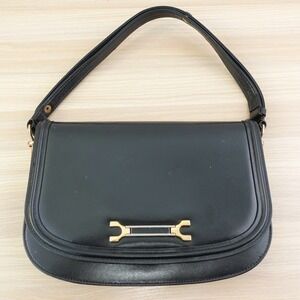Vintage Marquise Purse Saddle Bag 2Way Black Cowhide Horsebit Adjustable JAPAN